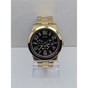 Mens Guess Steel Gold Tone 44mm Day Date Watch 100M Quartz New Battery Classic